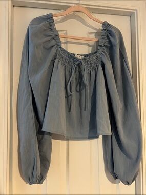 HYFVE Dusty Blue Smocked Square-Neck Puff Sleeve Blouse
